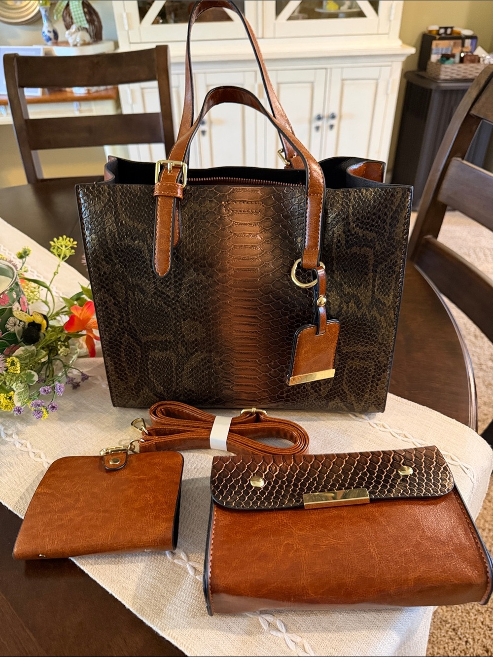 Brown Snake-Embossed Shoulder Tote with Matching Makeup Bag and Photo Album